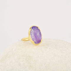 Boho Opal Ring, Aurora Opal 10x16mm Gemstone Ring, Handmade Faceted 18k Gold Plated Ring, Solid Silver Purple Opal Ring, Everyday Wear Ring