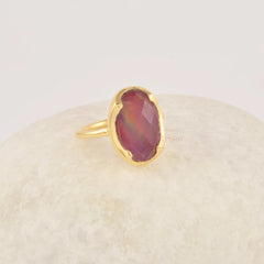 Red Opal Ring, 10x16mm Oval Shape Aurora Opal Gemstone Ring, 18k Gold Plated Perfect Gift for He, 925 Sterling Silver Rings