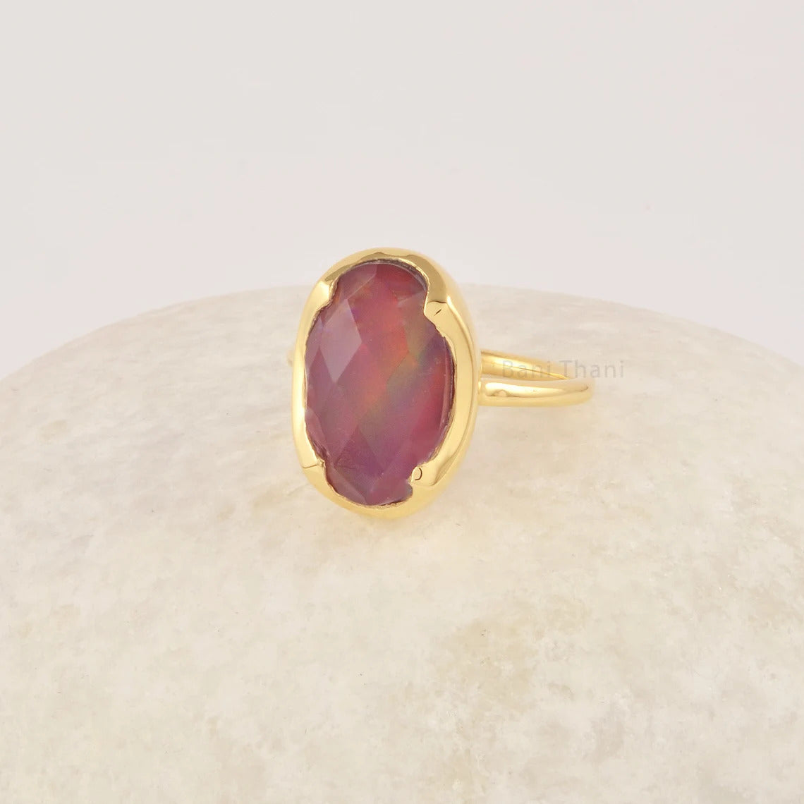 Red Opal Ring, 10x16mm Oval Shape Aurora Opal Gemstone Ring, 18k Gold Plated Perfect Gift for He, 925 Sterling Silver Rings