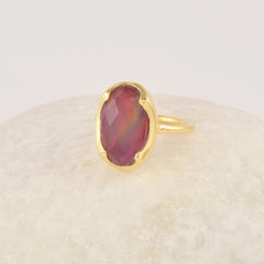 Red Opal Ring, 10x16mm Oval Shape Aurora Opal Gemstone Ring, 18k Gold Plated Perfect Gift for He, 925 Sterling Silver Rings