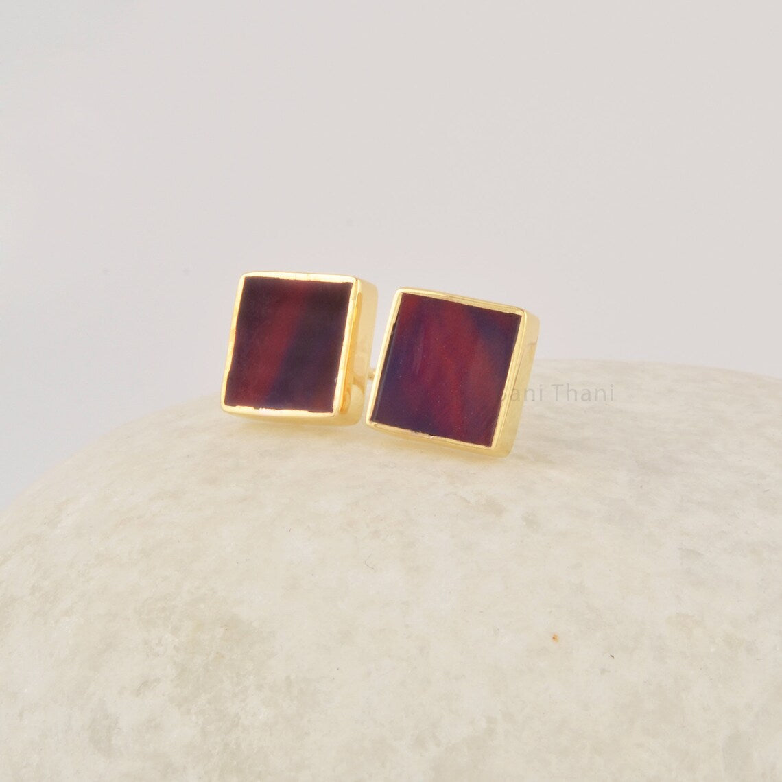 Red Aurora Opal Studs Earrings, 18k Gold Plated 9mm Flat Square Shape Gemstone Ring, 925 Sterling Silver Birthstone Studs Jewelry