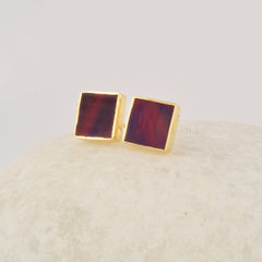 Red Aurora Opal Studs Earrings, 18k Gold Plated 9mm Flat Square Shape Gemstone Ring, 925 Sterling Silver Birthstone Studs Jewelry