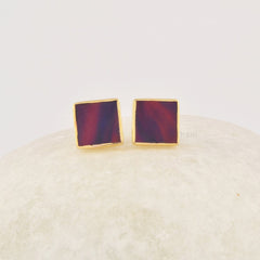 Red Aurora Opal Studs Earrings, 18k Gold Plated 9mm Flat Square Shape Gemstone Ring, 925 Sterling Silver Birthstone Studs Jewelry