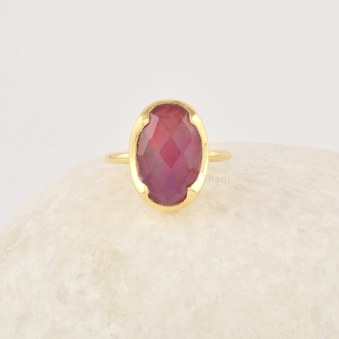 Red Opal Ring, 10x16mm Oval Shape Aurora Opal Gemstone Ring, 18k Gold Plated Perfect Gift for He, 925 Sterling Silver Rings