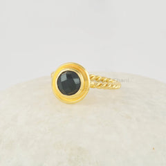 Black Onyx Ring, December Birthstone Ring, 6mm Round Gemstone Ring, 925 Sterling Silver 18k Gold Plated Ring, Twisted Band For Women Gift