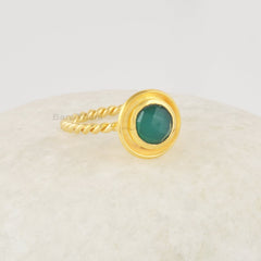 Green Onyx Ring, 6mm Round Gemstone Ring For Women, Handmade 925 Sterling Silver Ring, Dainty 18k Gold Plated Ring Jewelry