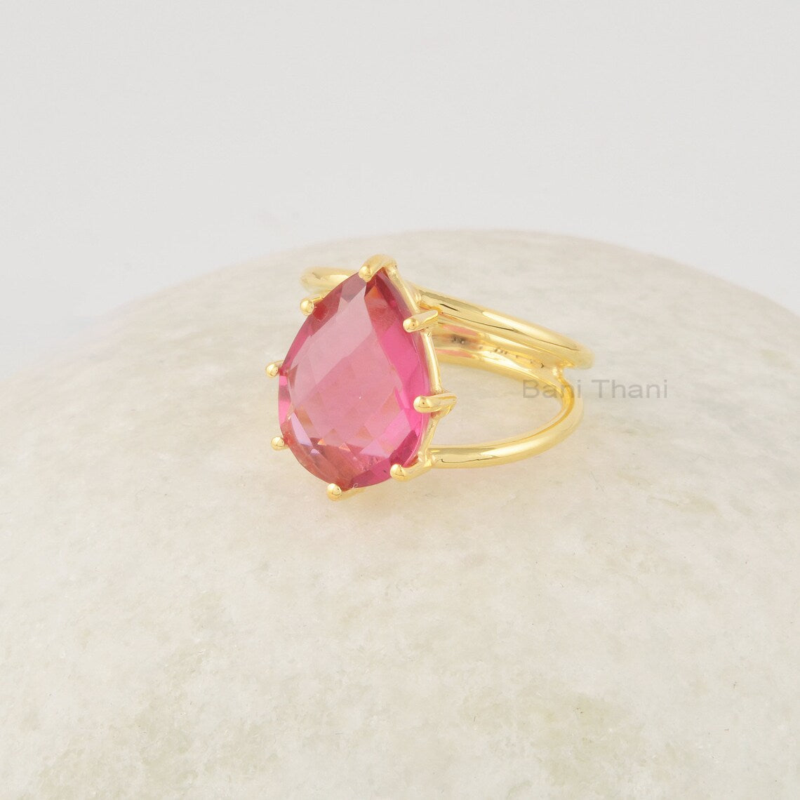 Pink Tourmaline Ring, 14x9mm Teardrop Shape Gemstone Ring, Handmade 925 Sterling Silver Double Band Ring, Dainty Women Rings