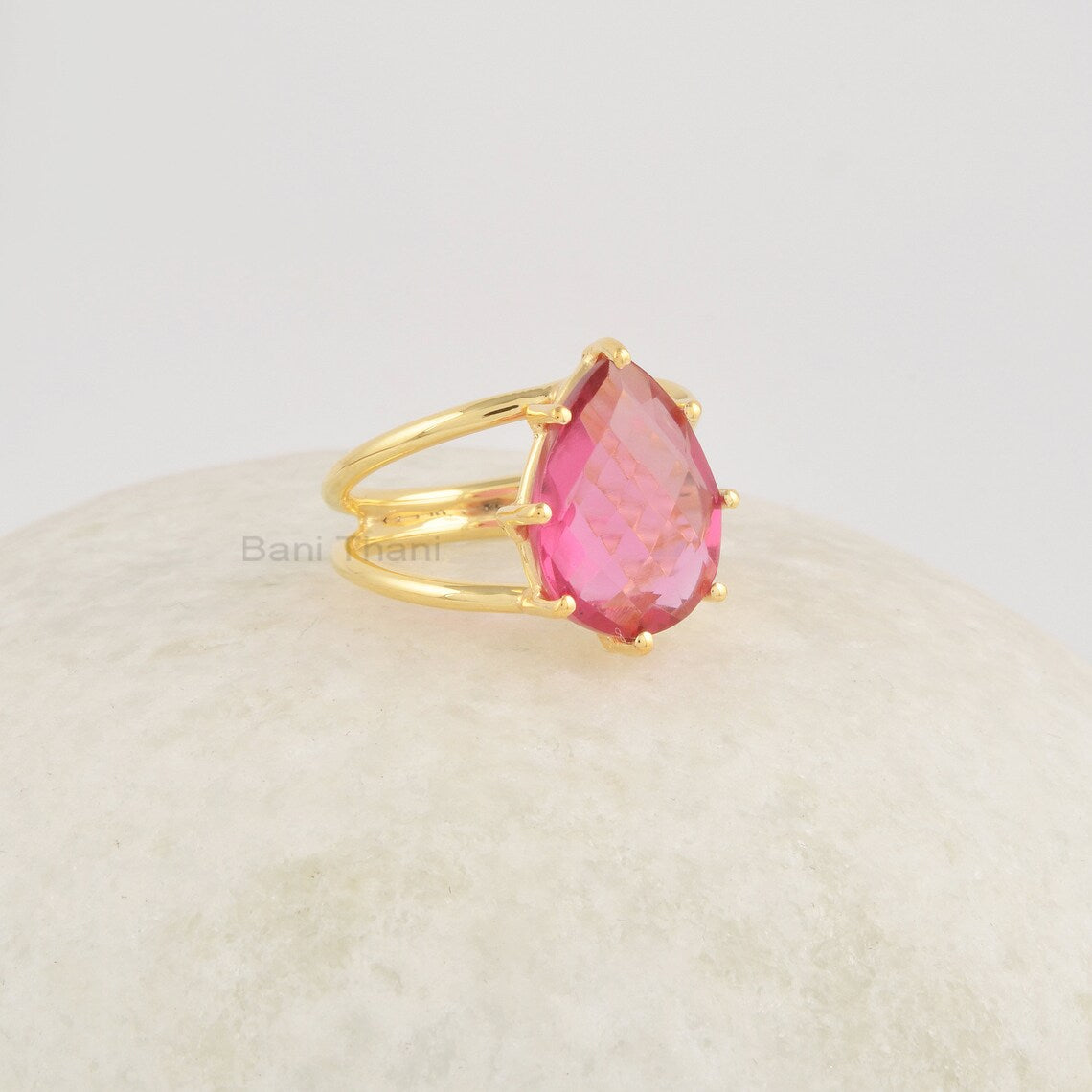 Pink Tourmaline Ring, 14x9mm Teardrop Shape Gemstone Ring, Handmade 925 Sterling Silver Double Band Ring, Dainty Women Rings