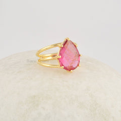 Pink Tourmaline Ring, 14x9mm Teardrop Shape Gemstone Ring, Handmade 925 Sterling Silver Double Band Ring, Dainty Women Rings