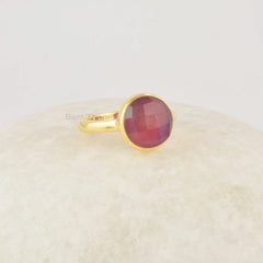 Aurora Round Cut Ring, Red Aurora Opal Ring, Handmade Sterling Silver Ring, Everyday 18K Gold Plated Minimalist Gemstone Ring For Mom