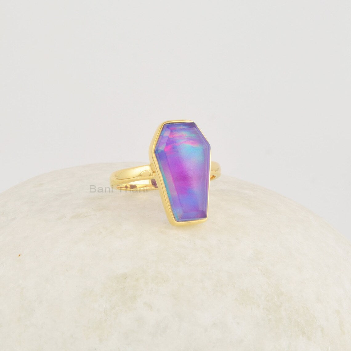 Purple Coffin Ring, Aurora Opal Ring, 10x17mm Gemstone Ring, 925 Sterling Silver Ring, 18k Gold Plated Vintage Ring, Gothic Coffin Ring