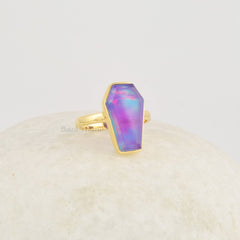 Purple Coffin Ring, Aurora Opal Ring, 10x17mm Gemstone Ring, 925 Sterling Silver Ring, 18k Gold Plated Vintage Ring, Gothic Coffin Ring