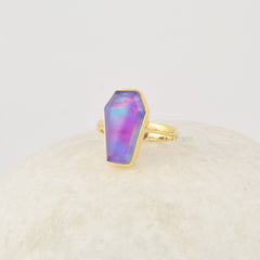 Purple Coffin Ring, Aurora Opal Ring, 10x17mm Gemstone Ring, 925 Sterling Silver Ring, 18k Gold Plated Vintage Ring, Gothic Coffin Ring