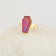 Coffin Ring, Gothic Red Coffin Ring, Vampire Ring, Aurora Opal Ring, Coffin Gemstone Ring, Solid Silver Gold Plated Ring