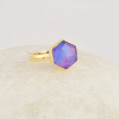 Hexagon Gemstone Ring, Sterling Silver Purple Aurora Ring, Opal Gemstone Ring, Handmade Gold Plated Ring, Minimalist Rings Jewelry