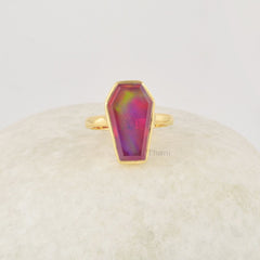 Coffin Ring, Gothic Red Coffin Ring, Vampire Ring, Aurora Opal Ring, Coffin Gemstone Ring, Solid Silver Gold Plated Ring