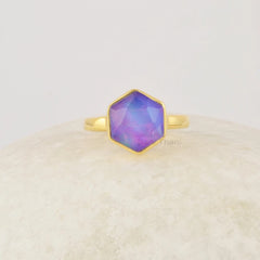 Hexagon Gemstone Ring, Sterling Silver Purple Aurora Ring, Opal Gemstone Ring, Handmade Gold Plated Ring, Minimalist Rings Jewelry