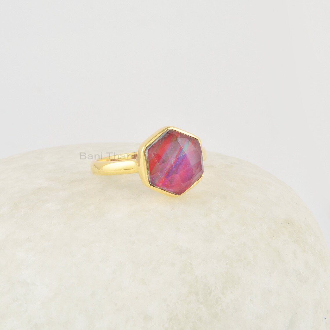 Red Aurora Opal Ring, Red Hexagon 10mm Gemstone Sterling Silver Ring, 18k Gold Plated Vintage Ring, Red Stone Ring, Red Silver Ring For Her