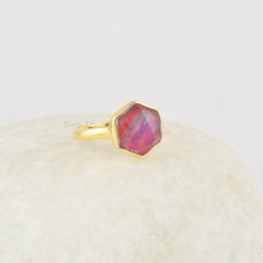 Red Aurora Opal Ring, Red Hexagon 10mm Gemstone Sterling Silver Ring, 18k Gold Plated Vintage Ring, Red Stone Ring, Red Silver Ring For Her