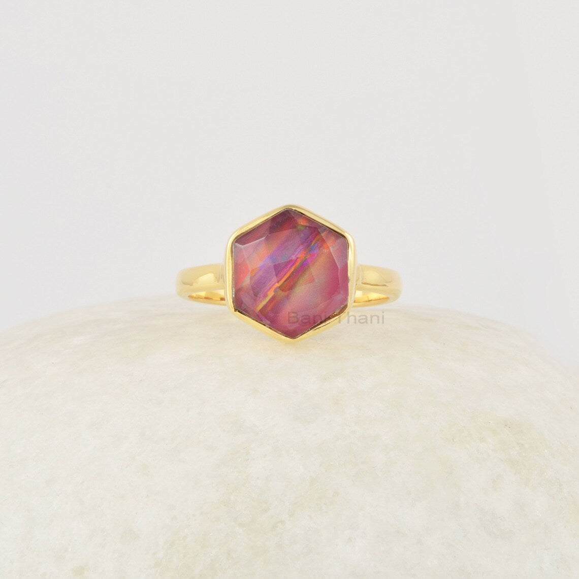 Red Aurora Opal Ring, Red Hexagon 10mm Gemstone Sterling Silver Ring, 18k Gold Plated Vintage Ring, Red Stone Ring, Red Silver Ring For Her