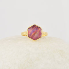 Red Aurora Opal Ring, Red Hexagon 10mm Gemstone Sterling Silver Ring, 18k Gold Plated Vintage Ring, Red Stone Ring, Red Silver Ring For Her