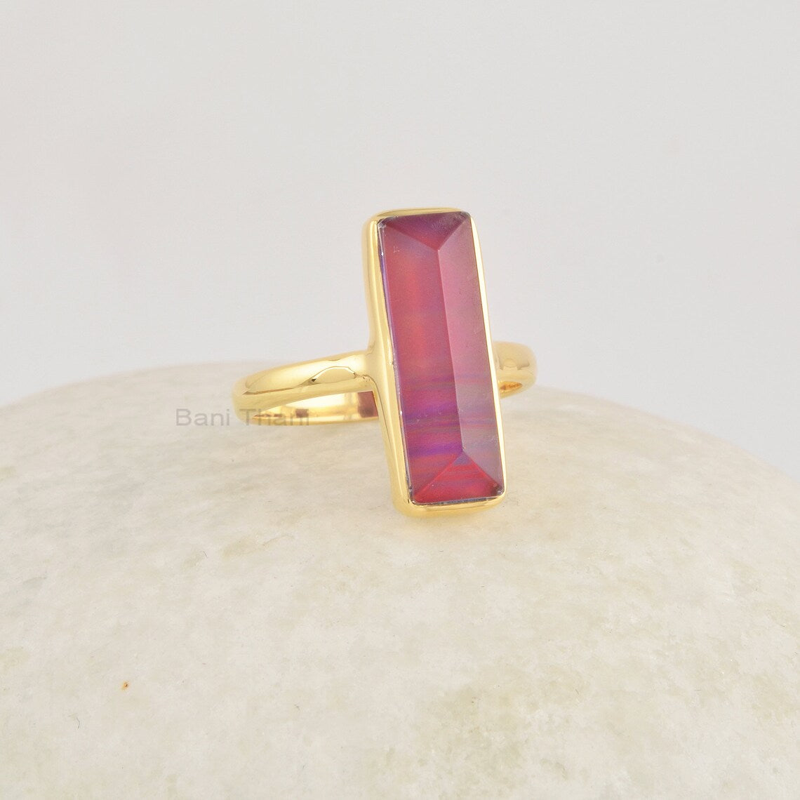 Red Aurora Opal Ring, 6x18mm Rectangular Gemstone Ring, 925 Sterling Silver Ring, 18k Gold Plated Ring For Mom, Red Stone Ring