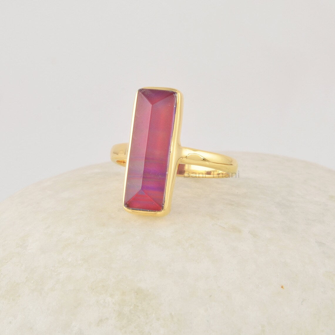 Red Aurora Opal Ring, 6x18mm Rectangular Gemstone Ring, 925 Sterling Silver Ring, 18k Gold Plated Ring For Mom, Red Stone Ring