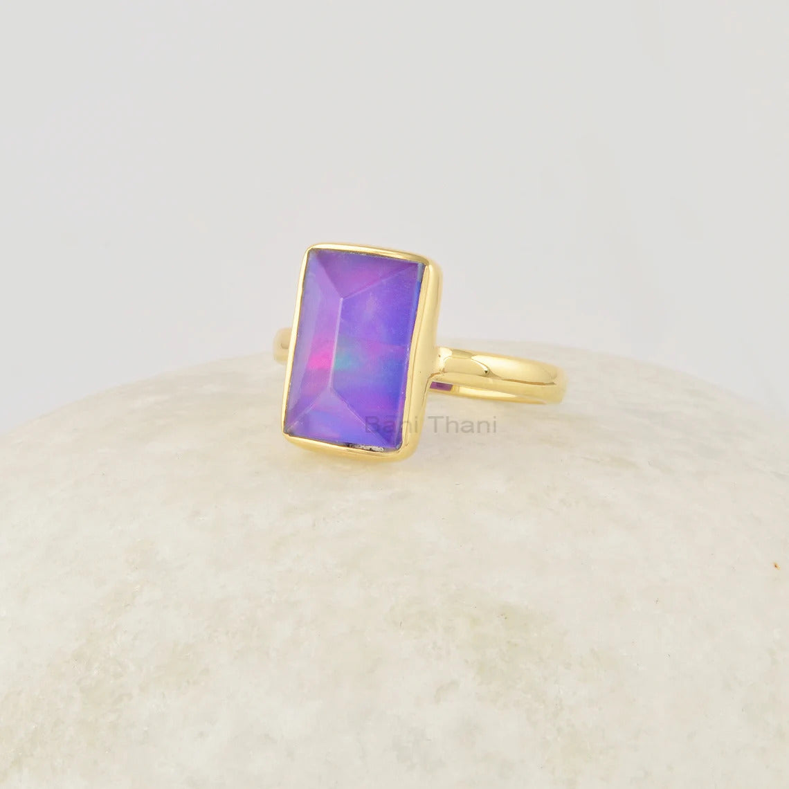 Purple Aurora Opal Ring, 8x12mm Rectangular pyramid Gemstone Ring, Sterling Silver Birthstone Ring, Vintage Gold Plated Ring, Gift for Her