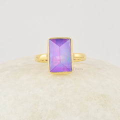 Purple Aurora Opal Ring, 8x12mm Rectangular pyramid Gemstone Ring, Sterling Silver Birthstone Ring, Vintage Gold Plated Ring, Gift for Her