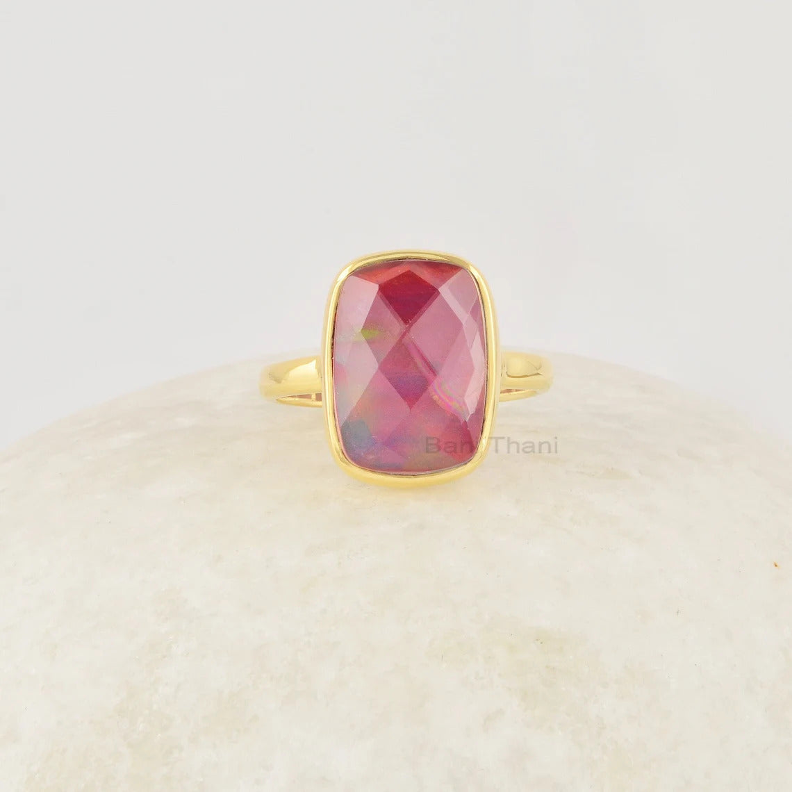 Red Cushion Ring, Aurora Opal 10x14mm Gemstone Ring, Handcrafted Sterling Silver Ring, Cushion Cut 18k Gold Plated Ring For Lover Women