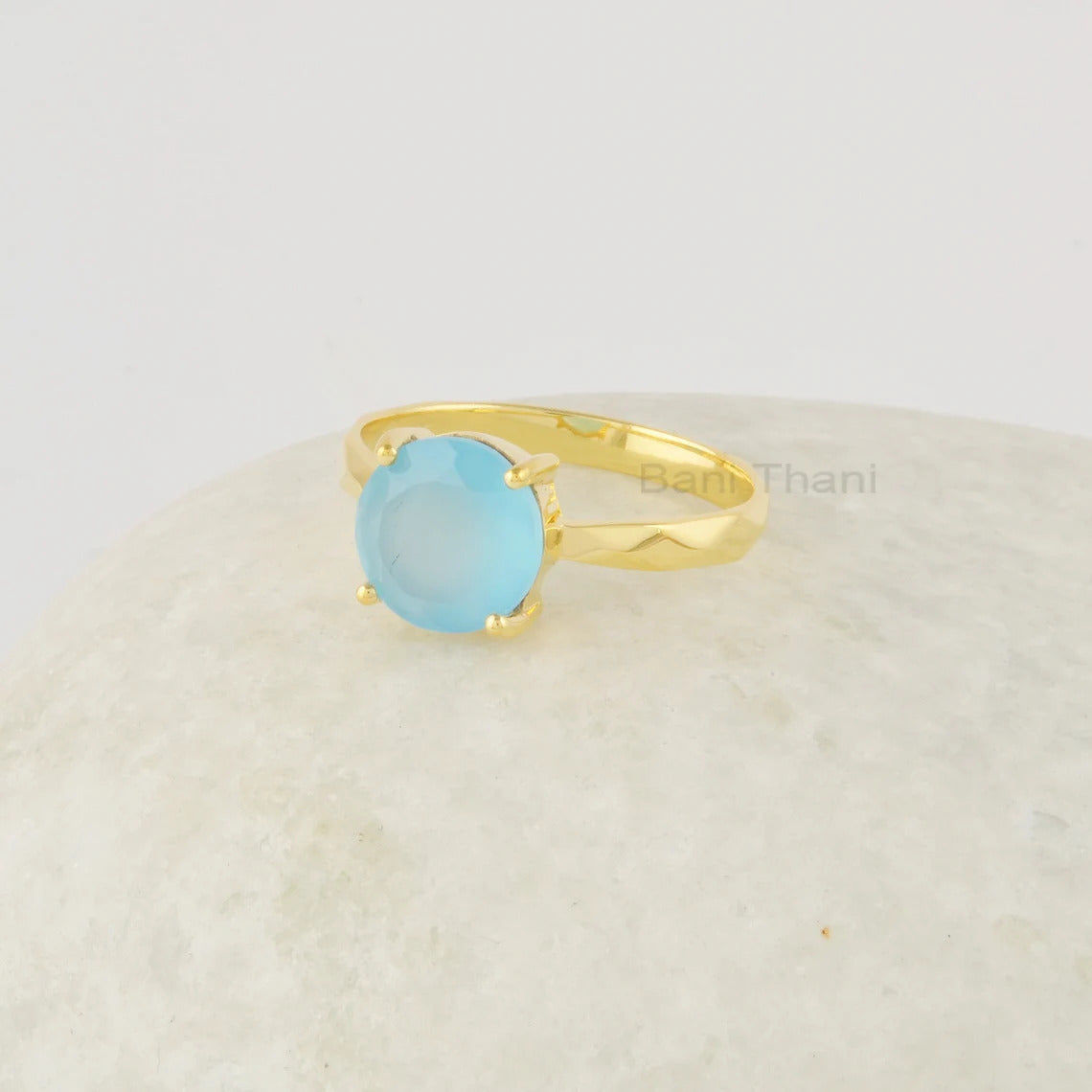 Blue Chalcedony Ring, Handmade Gold Plate Ring, 8mm Round Cut Gemstone Ring, 925 Sterling Silver Promise Ring