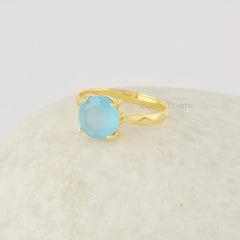 Blue Chalcedony Ring, Handmade Gold Plate Ring, 8mm Round Cut Gemstone Ring, 925 Sterling Silver Promise Ring