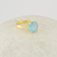 Blue Chalcedony Ring, Handmade Gold Plate Ring, 8mm Round Cut Gemstone Ring, 925 Sterling Silver Promise Ring