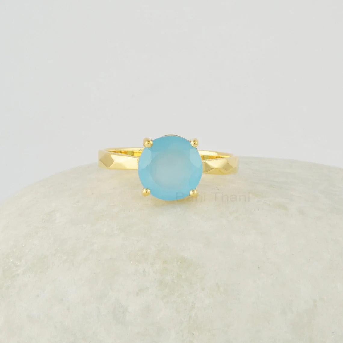 Blue Chalcedony Ring, Handmade Gold Plate Ring, 8mm Round Cut Gemstone Ring, 925 Sterling Silver Promise Ring