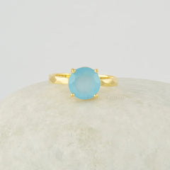 Blue Chalcedony Ring, Handmade Gold Plate Ring, 8mm Round Cut Gemstone Ring, 925 Sterling Silver Promise Ring