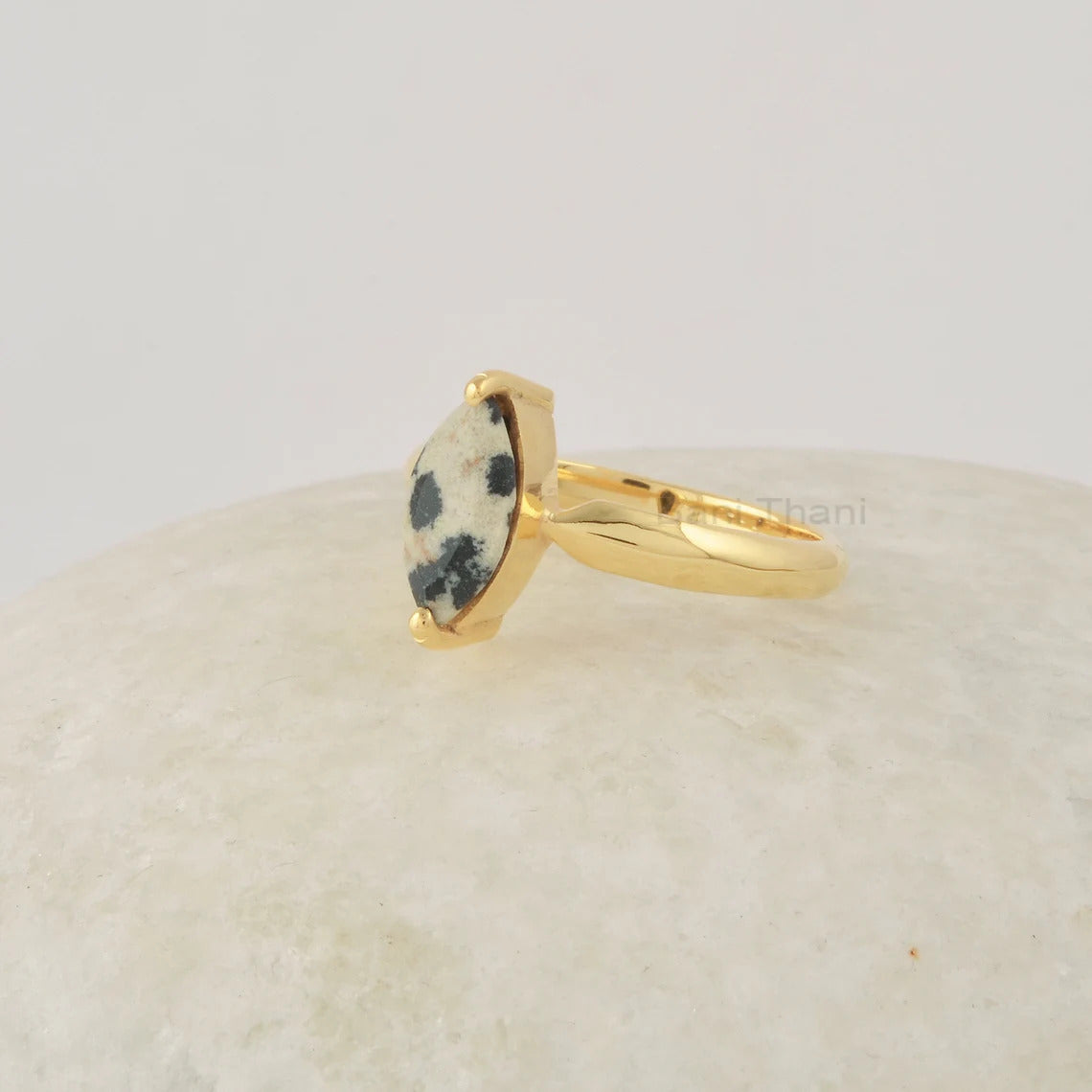 Jasper Ring, Dalmatian Jasper Minimalist Ring, 5x10mm Marquise Shape Gemstone Ring, Gold Plated Silver Ring, Prong Set Rings