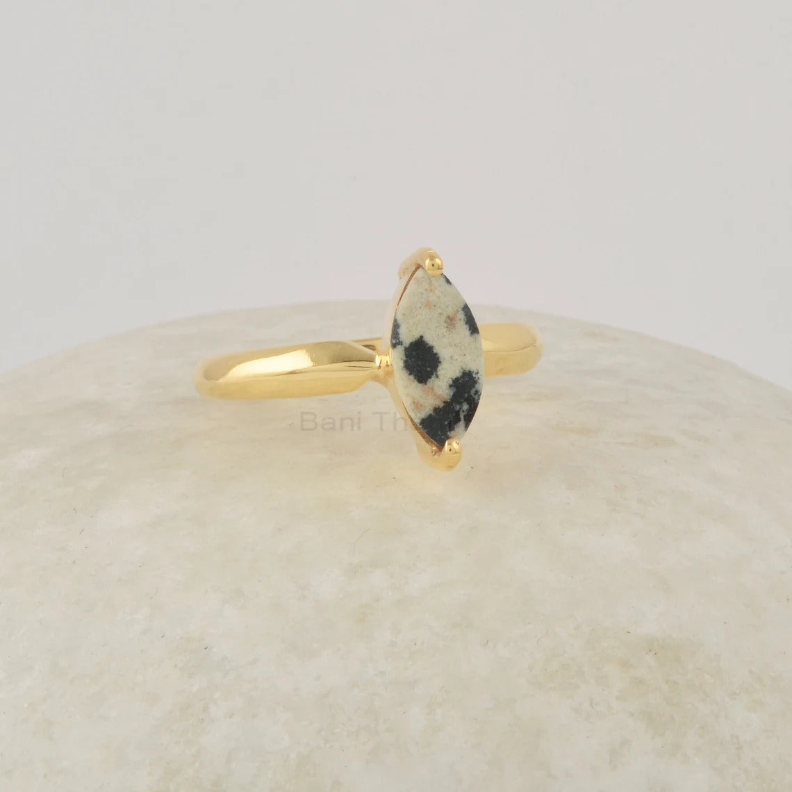 Jasper Ring, Dalmatian Jasper Minimalist Ring, 5x10mm Marquise Shape Gemstone Ring, Gold Plated Silver Ring, Prong Set Rings