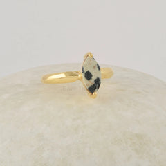 Jasper Ring, Dalmatian Jasper Minimalist Ring, 5x10mm Marquise Shape Gemstone Ring, Gold Plated Silver Ring, Prong Set Rings