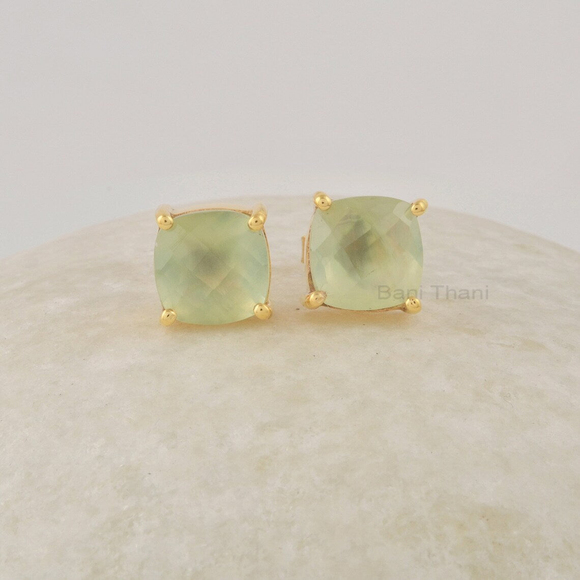 Green Prehnite Stud Earrings, 8mm Cushion Cut Gemstone Studs, Sterling Silver 18k Gold Plated Women Studs