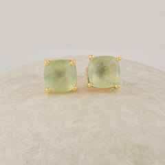 Green Prehnite Stud Earrings, 8mm Cushion Cut Gemstone Studs, Sterling Silver 18k Gold Plated Women Studs