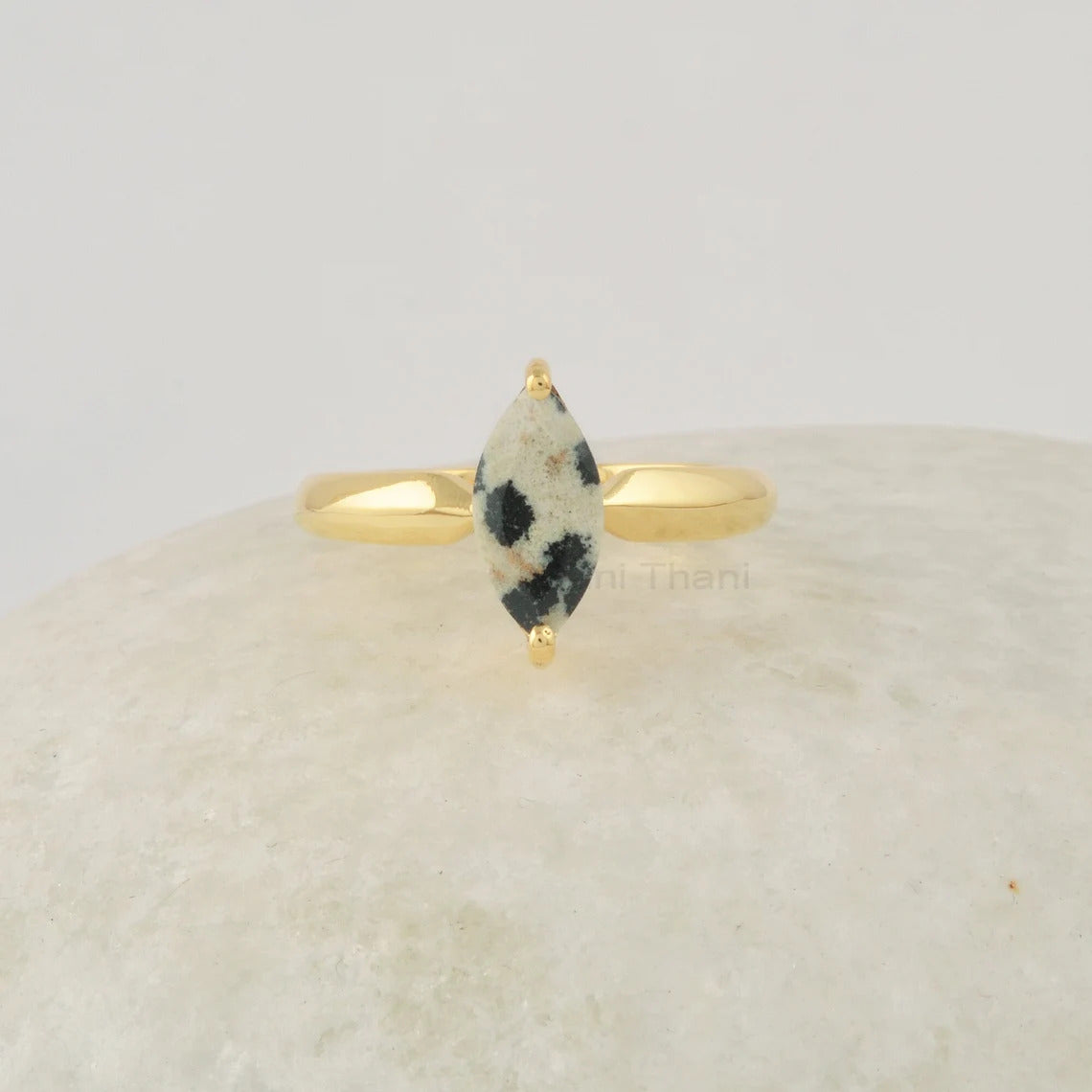 Jasper Ring, Dalmatian Jasper Minimalist Ring, 5x10mm Marquise Shape Gemstone Ring, Gold Plated Silver Ring, Prong Set Rings