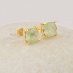 Green Prehnite Stud Earrings, 8mm Cushion Cut Gemstone Studs, Sterling Silver 18k Gold Plated Women Studs