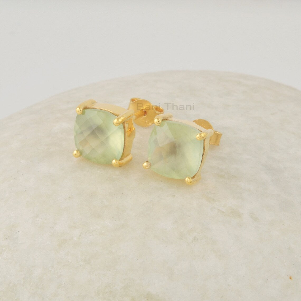 Green Prehnite Stud Earrings, 8mm Cushion Cut Gemstone Studs, Sterling Silver 18k Gold Plated Women Studs