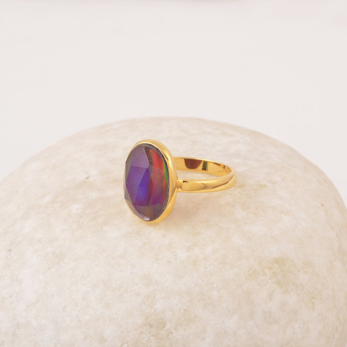 Red Aurora Opal Ring, 10x14mm Oval Shape Gemstone Ring, Boho 925 Sterling Silver Ring, Dainty 18k Gold Plated Rings Jewelry For Women