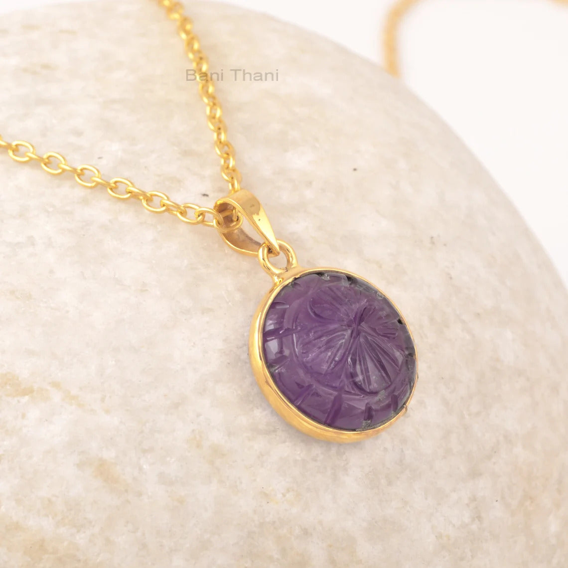 Natural Amethyst Round Engraved Gemstone 925 Silver Flower Necklace, 18k Gold Plated Handmade Pendant Necklace, Birthstone Necklace Jewelry