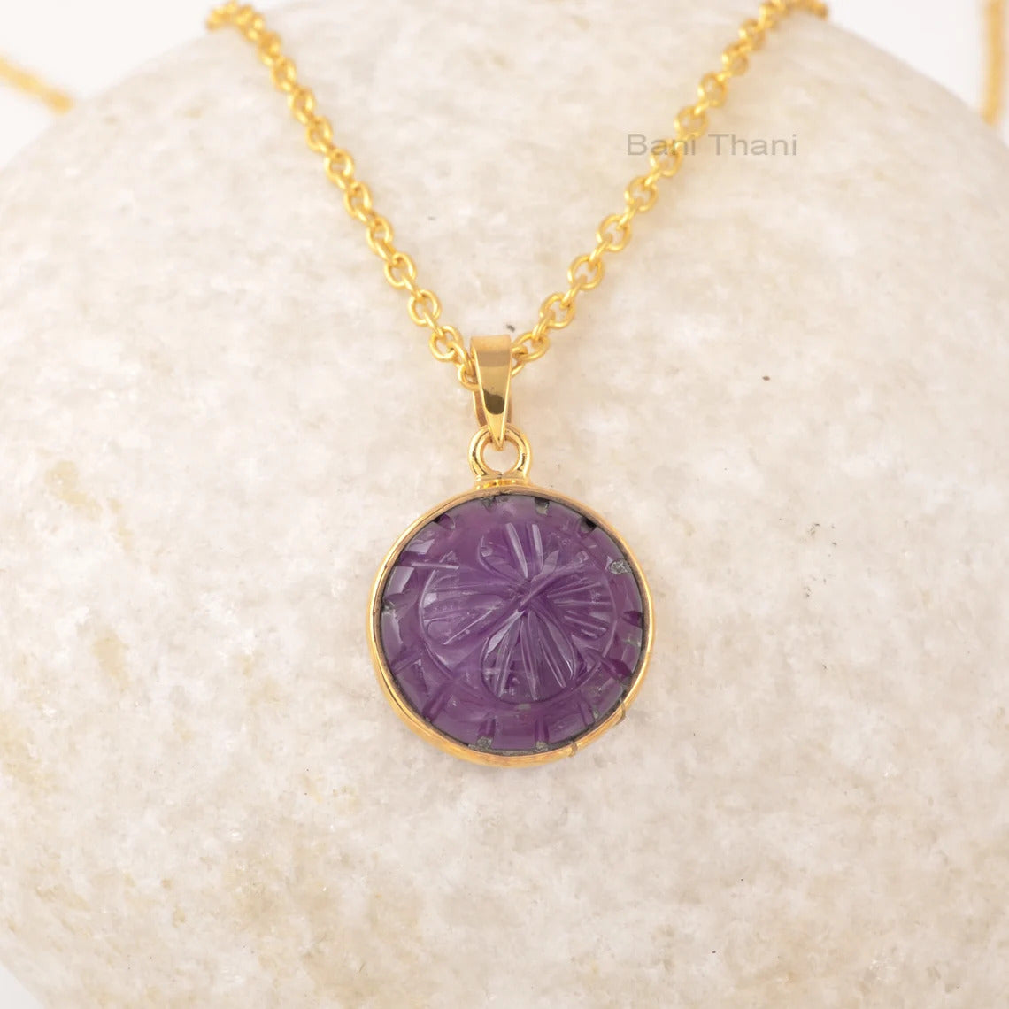 Natural Amethyst Round Engraved Gemstone 925 Silver Flower Necklace, 18k Gold Plated Handmade Pendant Necklace, Birthstone Necklace Jewelry