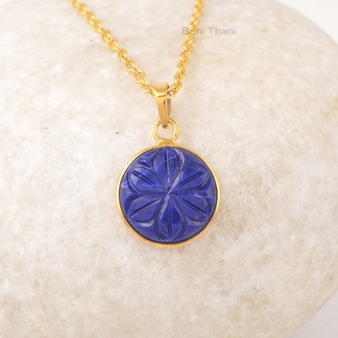 Natural Lapis Lazuli Flower Pendant Necklace, 15mm Round Engraved Gemstone Pendant Necklace, Gold Plated Sterling Silver Necklace For Her