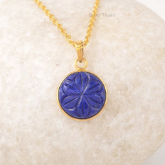 Natural Lapis Lazuli Flower Pendant Necklace, 15mm Round Engraved Gemstone Pendant Necklace, Gold Plated Sterling Silver Necklace For Her