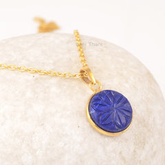 Natural Lapis Lazuli Flower Pendant Necklace, 15mm Round Engraved Gemstone Pendant Necklace, Gold Plated Sterling Silver Necklace For Her