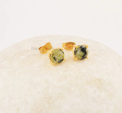 Gogunjula Jasper Studs Earrings, Minimalist Round Cut Gemstone Silver Earrings, 925 Sterling Silver 18k Gold Plated Stud For Christmas Gifts